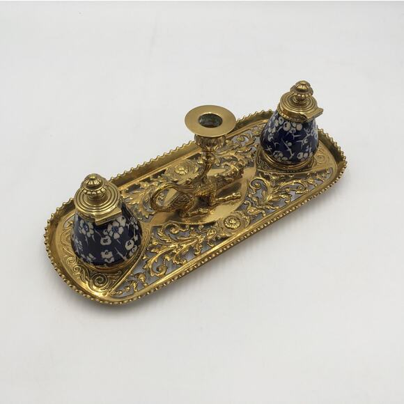 Antique Gilt Bronze Dragon Filigree and Ceramic Inkwell Candle Holder - Picture 5 of 8